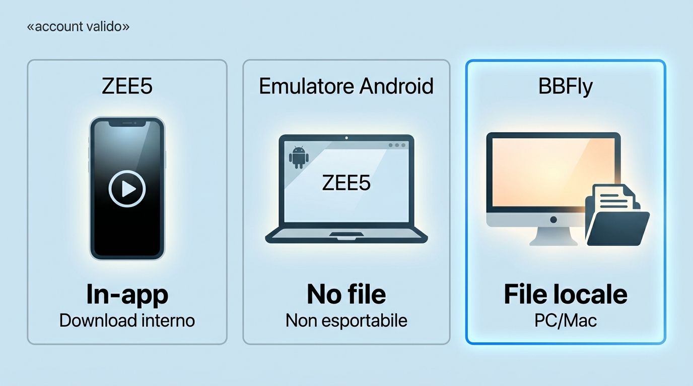 Confronto tra app ZEE5, emulatore Android e BBFly per offline su telefono e PC.