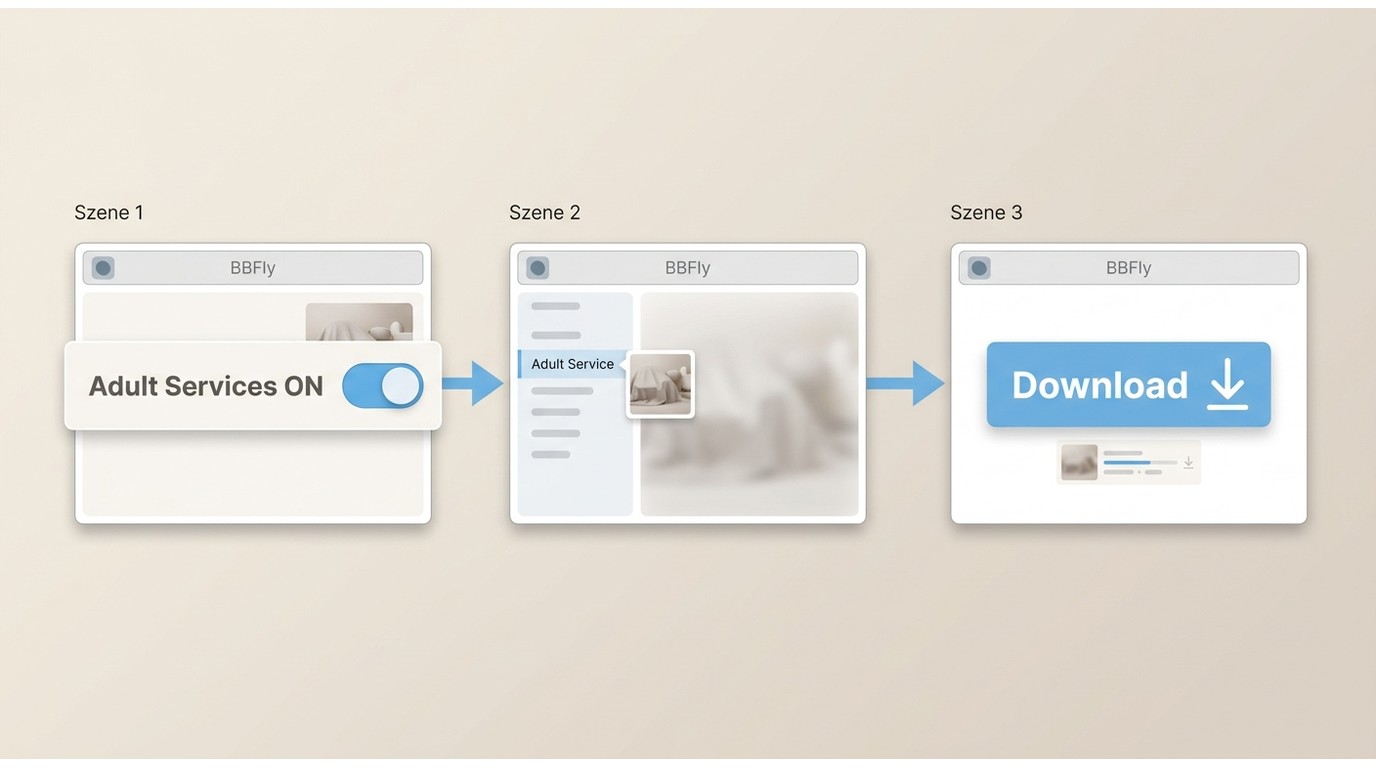 BBFly-Schritte zum Aktivieren von Adult Services und Starten eines Downloads.