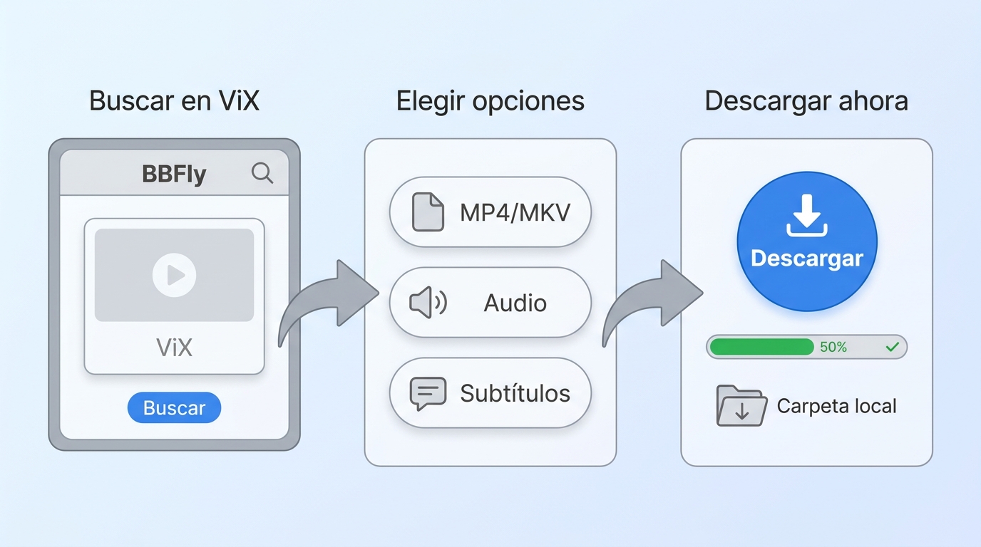 Flujo de BBFly para buscar un título de ViX, elegir opciones y descargar episodios o películas.