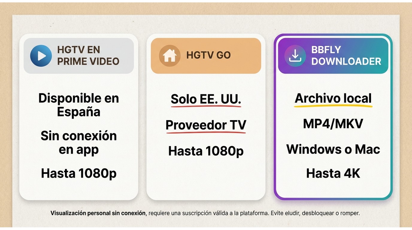 Comparación de Prime Video, HGTV GO y BBFly por disponibilidad en España y archivo local