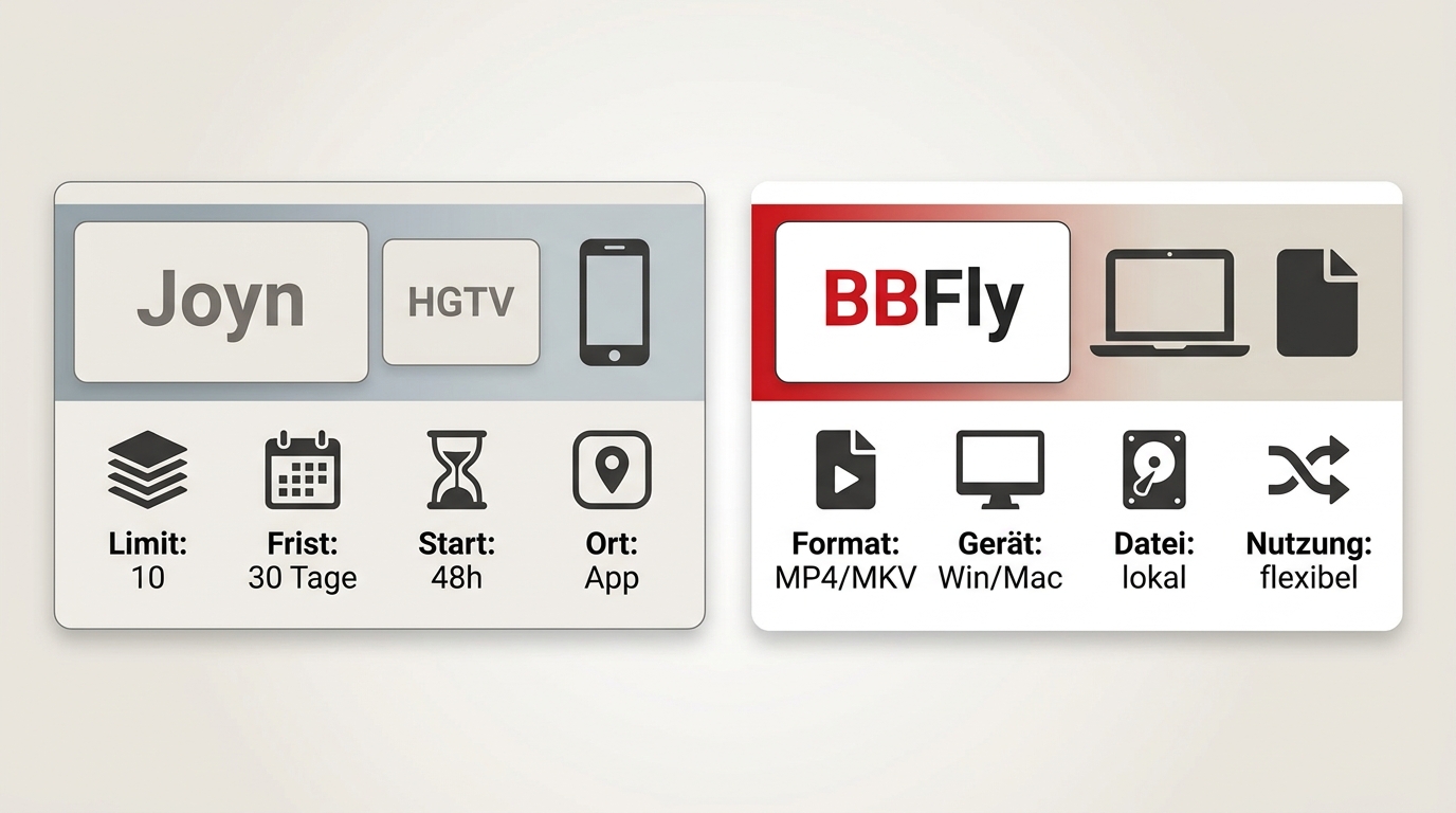 Vergleich von Joyn+ und BBFly für HGTV mit Geräten, Fristen und lokaler Datei.