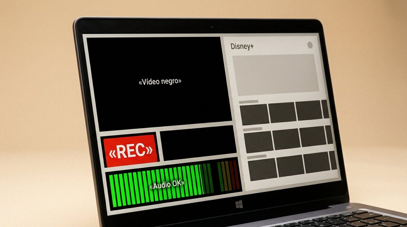 OBS grabando Disney+ en Windows con audio activo y el área de video en negro