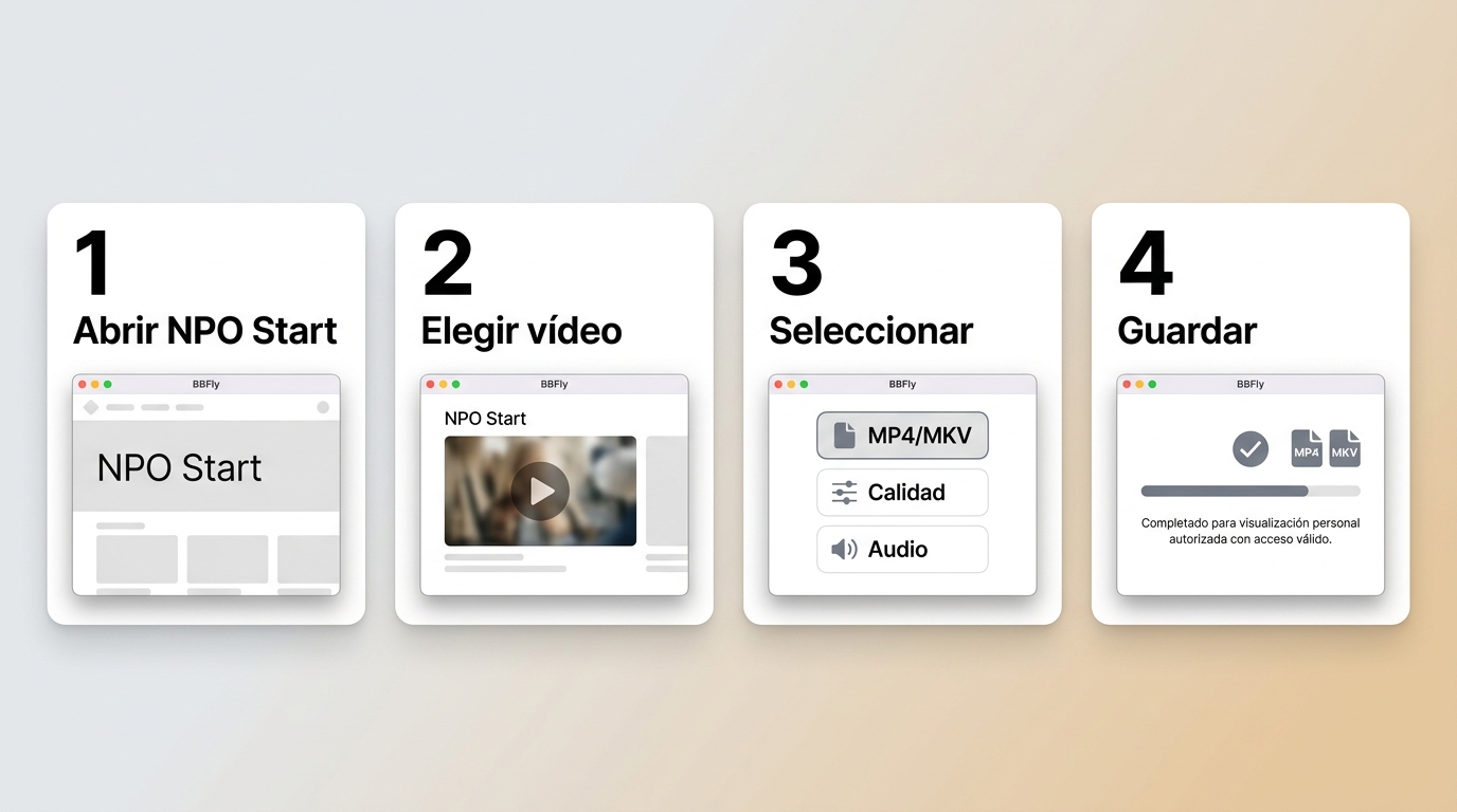 Pasos en BBFly para abrir NPO Start, elegir calidad y guardar un vídeo en MP4 o MKV.