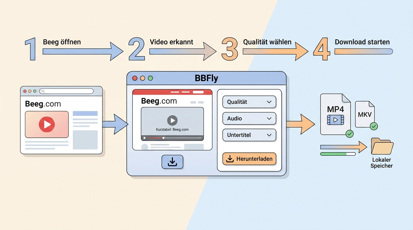 Ablauf in BBFly vom Öffnen der Beeg.com-Seite bis zur gespeicherten MP4- oder MKV-Datei