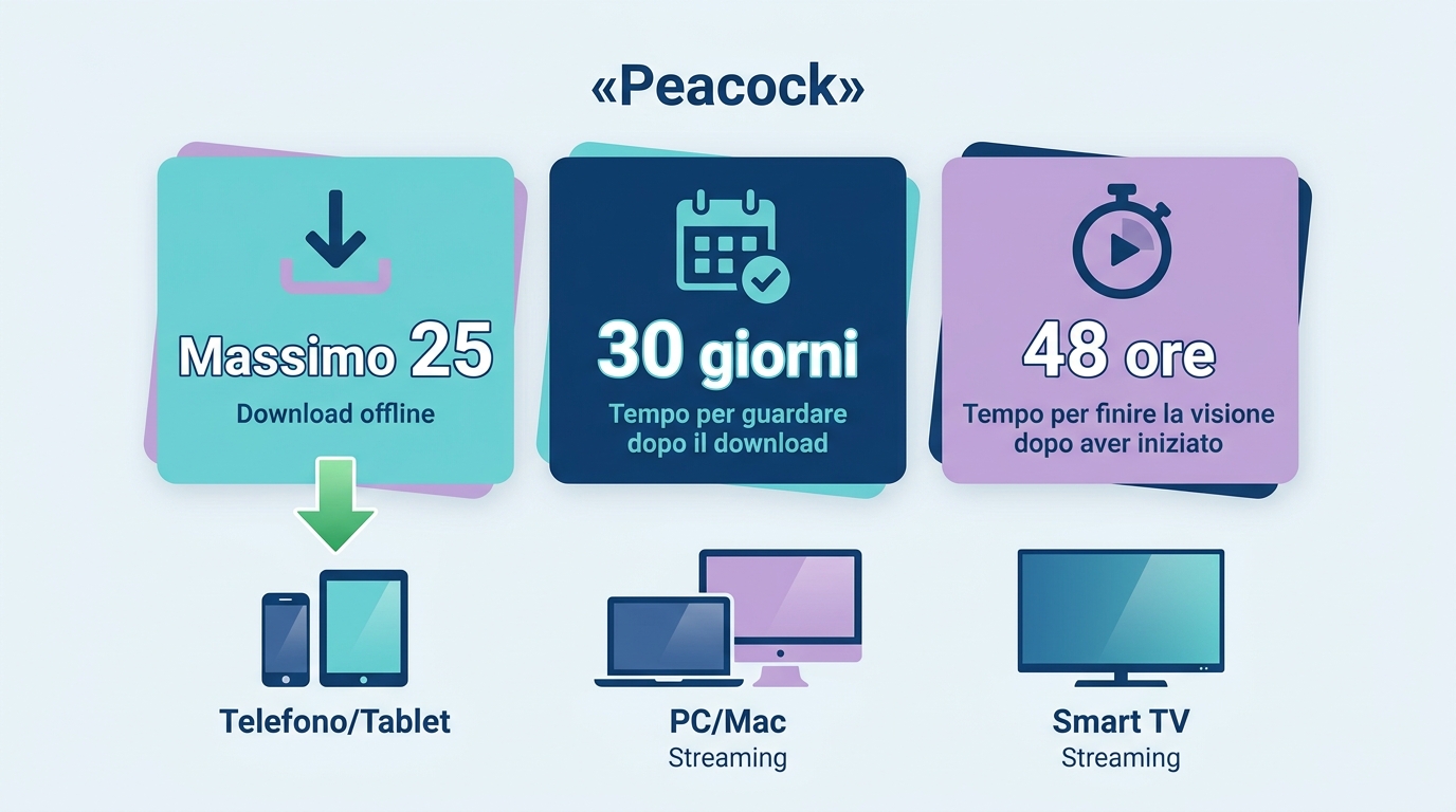 Limiti Peacock: 25 download, 30 giorni, 48 ore e supporto solo su smartphone e tablet.