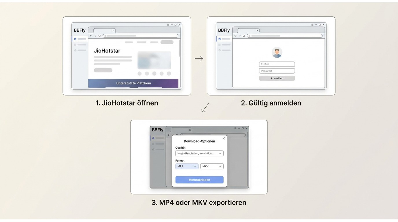 BBFly-Ablauf mit Plattform öffnen, Kontoanmeldung und Export als MP4 oder MKV
