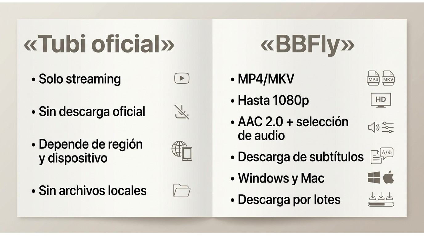 Comparación de Tubi y BBFly en descarga local, 1080p, MP4/MKV, audio y subtítulos
