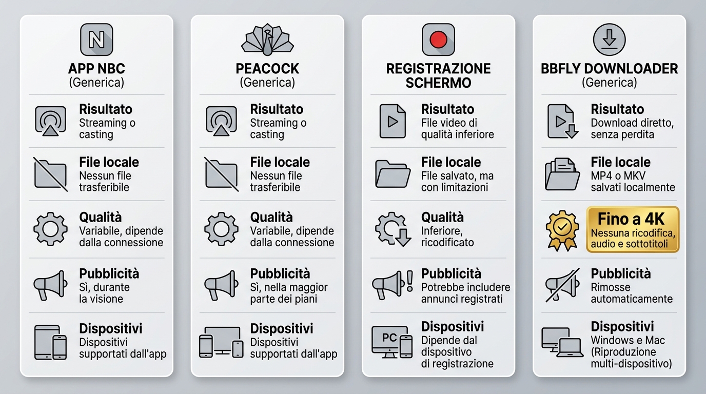Confronto tra App NBC, Peacock, registrazione schermo e BBFly per file locale, qualità e dispositivi