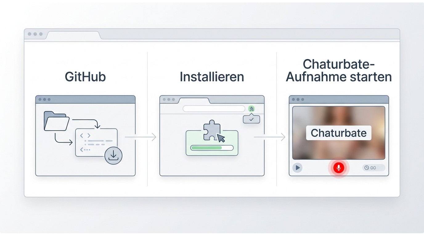 Browserweg mit serpapps: GitHub-Release prüfen, Erweiterung installieren, Chaturbate-Aufnahme starte