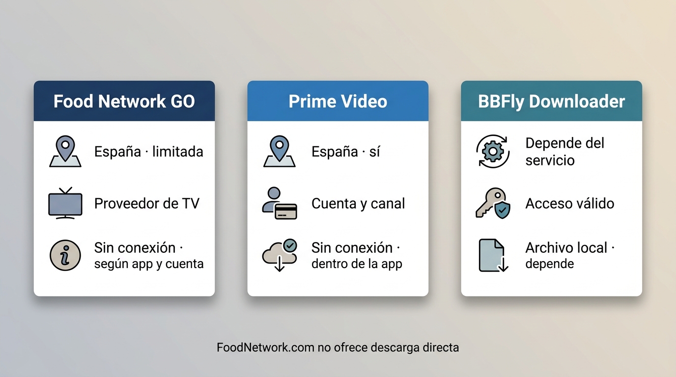 Comparación de Food Network GO, Prime Video y BBFly para ver Food Network desde España.