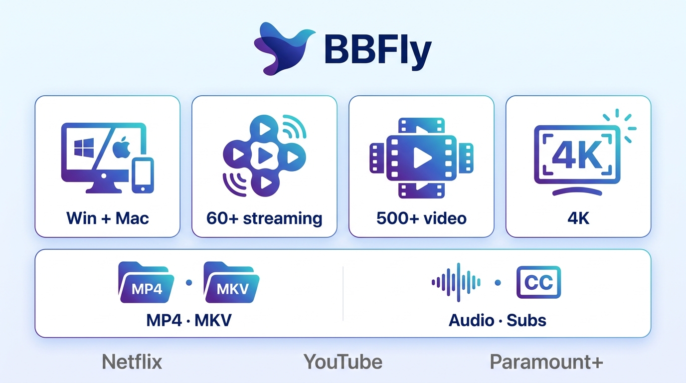 Funzioni BBFly: Windows e Mac, 60+ servizi, 4K, MP4 e MKV.