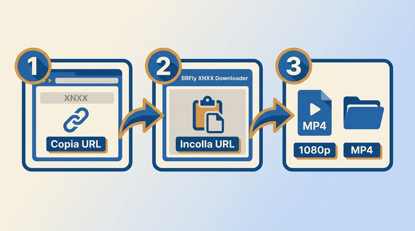 Tre passaggi con XNXX e BBFly: copia URL, verifica video, scegli MP4 e cartella.