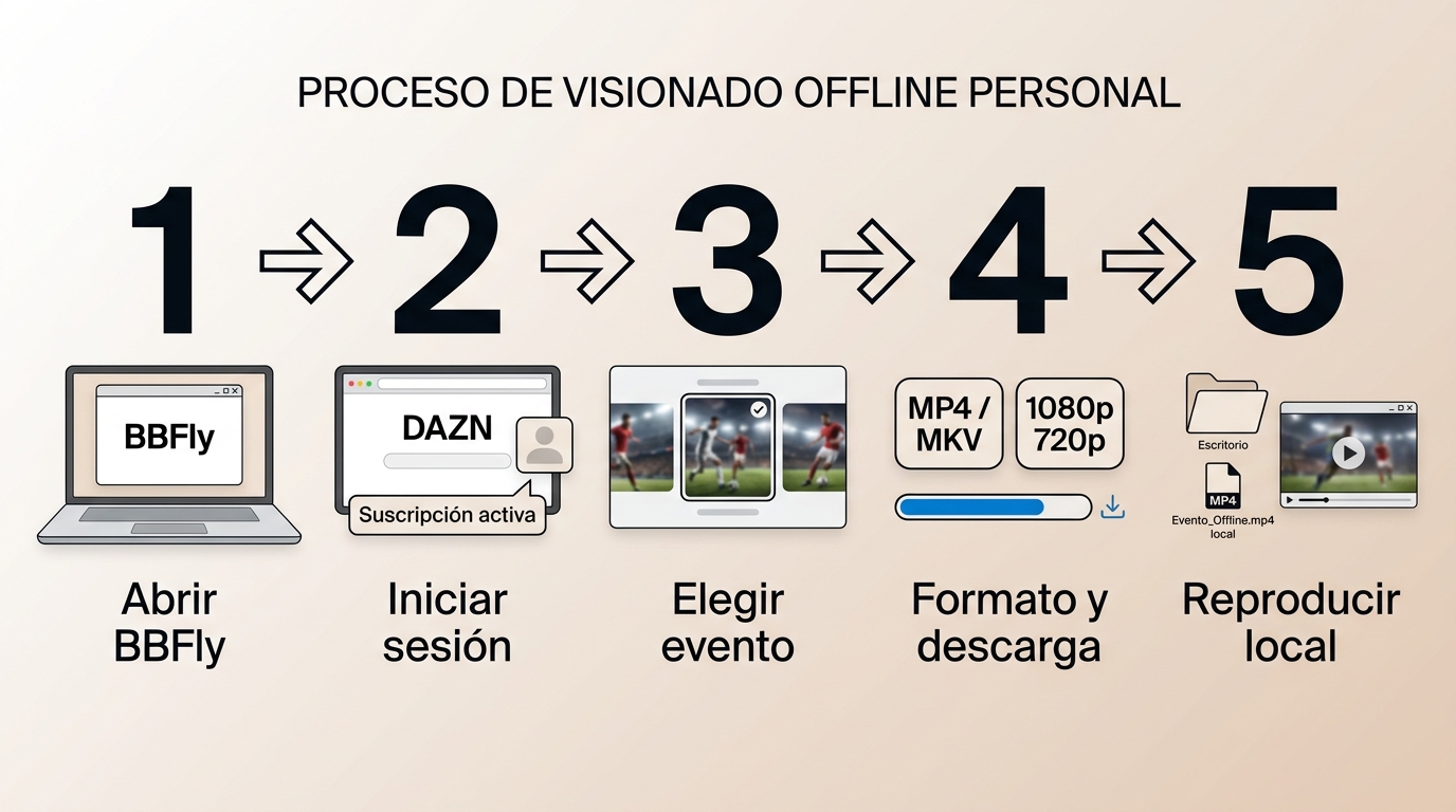 Pasos para descargar un vídeo de DAZN con BBFly y comprobar el archivo en el ordenador.