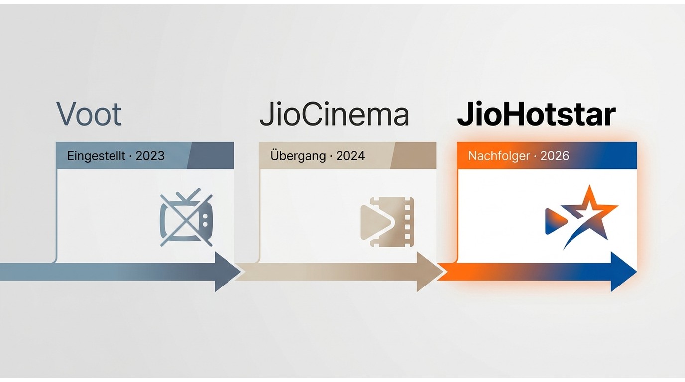Zeitleiste des Wechsels von Voot über JioCinema zu JioHotstar als heutigem Dienst