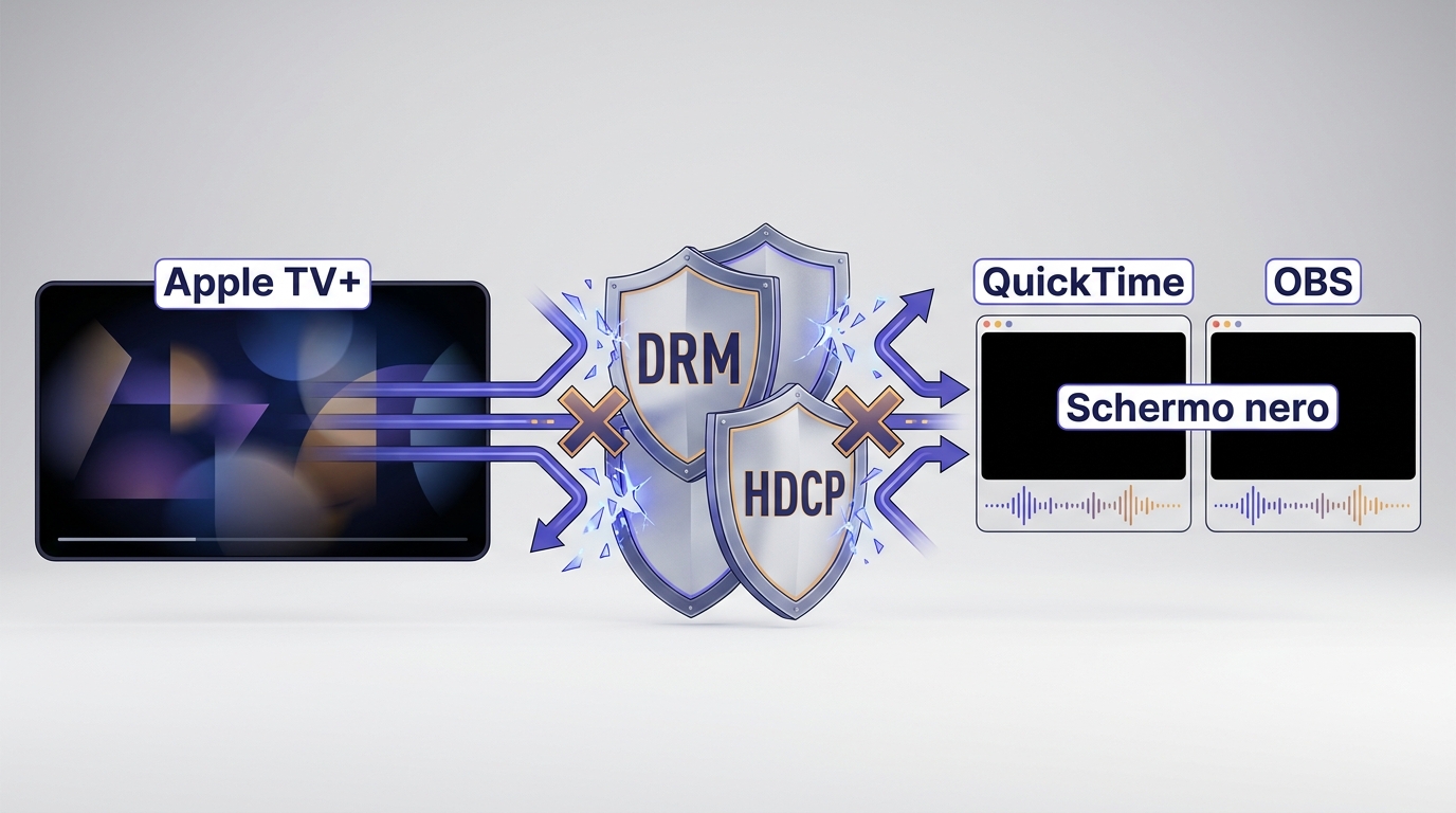 Apple TV+ bloccata durante la cattura con QuickTime e OBS, che mostrano schermo nero.