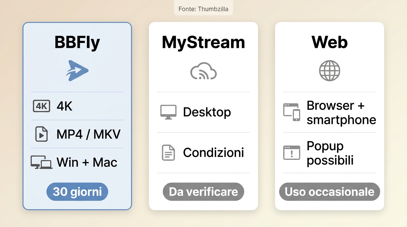 Confronto tra BBFly, MyStream e strumenti web per qualità, dispositivi, costi e limiti.