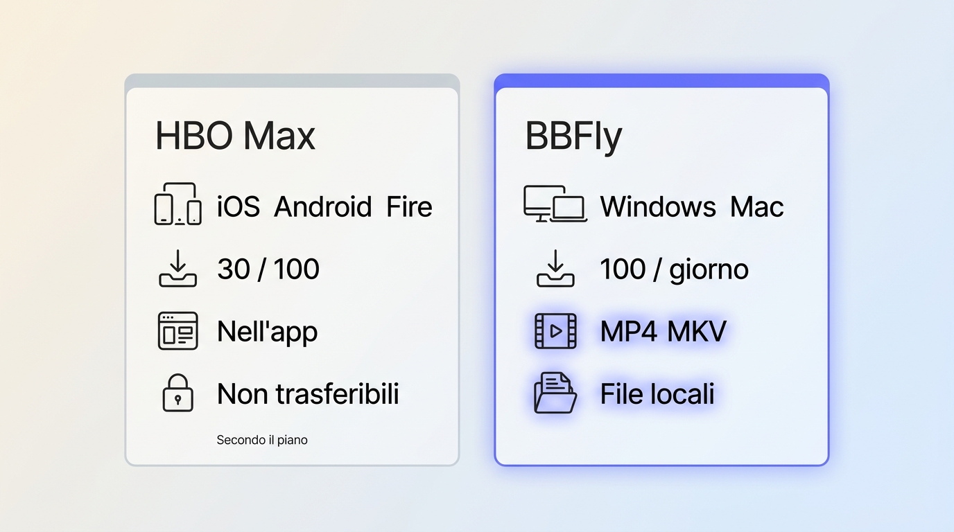 Confronto tra download HBO Max nell'app e BBFly su Windows e Mac.