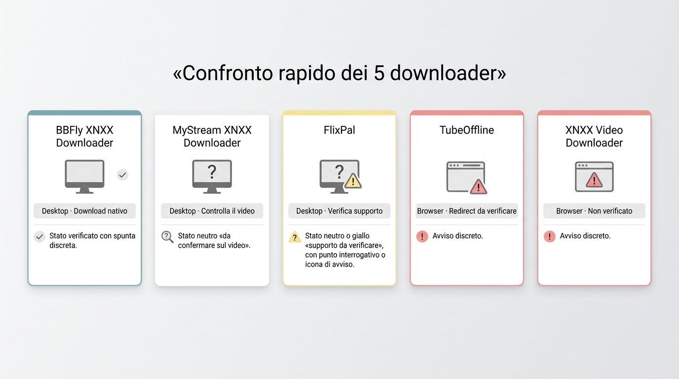 Confronto tra BBFly, MyStream, FlixPal, TubeOffline e XNXX Video Downloader per metodo e stato.