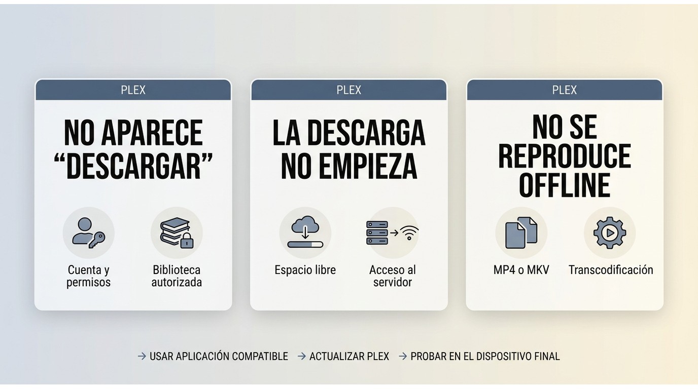 Comprobaciones para resolver errores de descarga, permisos y reproducción en Plex