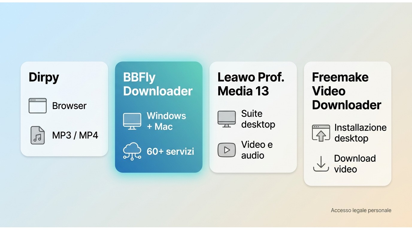 Confronto tra Dirpy, BBFly Downloader, Leawo Prof. Media 13 e Freemake Video Downloader.