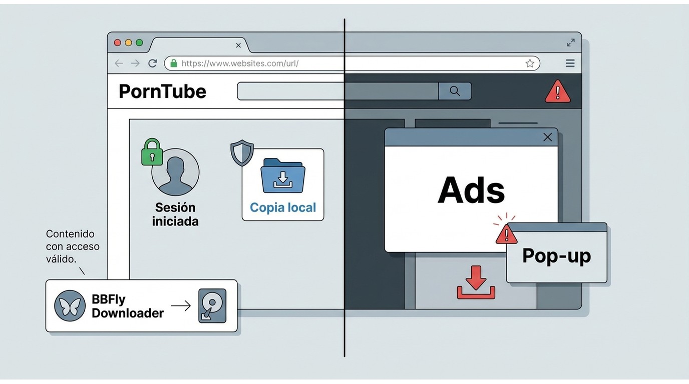 Señales de acceso autorizado y riesgos de descarga en páginas de PornTube.