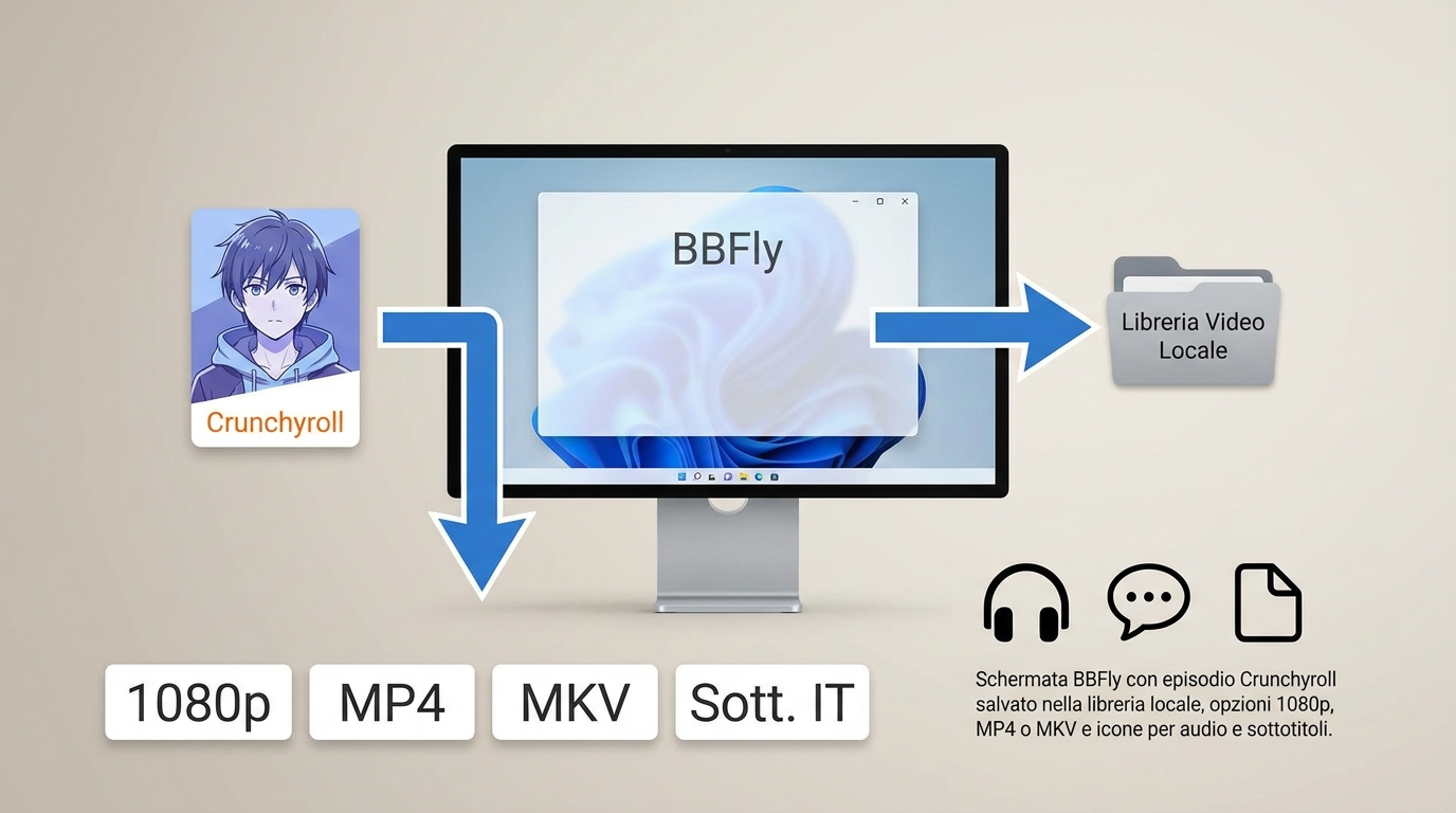 BBFly organizza episodi Crunchyroll con MP4 o MKV, audio, sottotitoli e metadati.