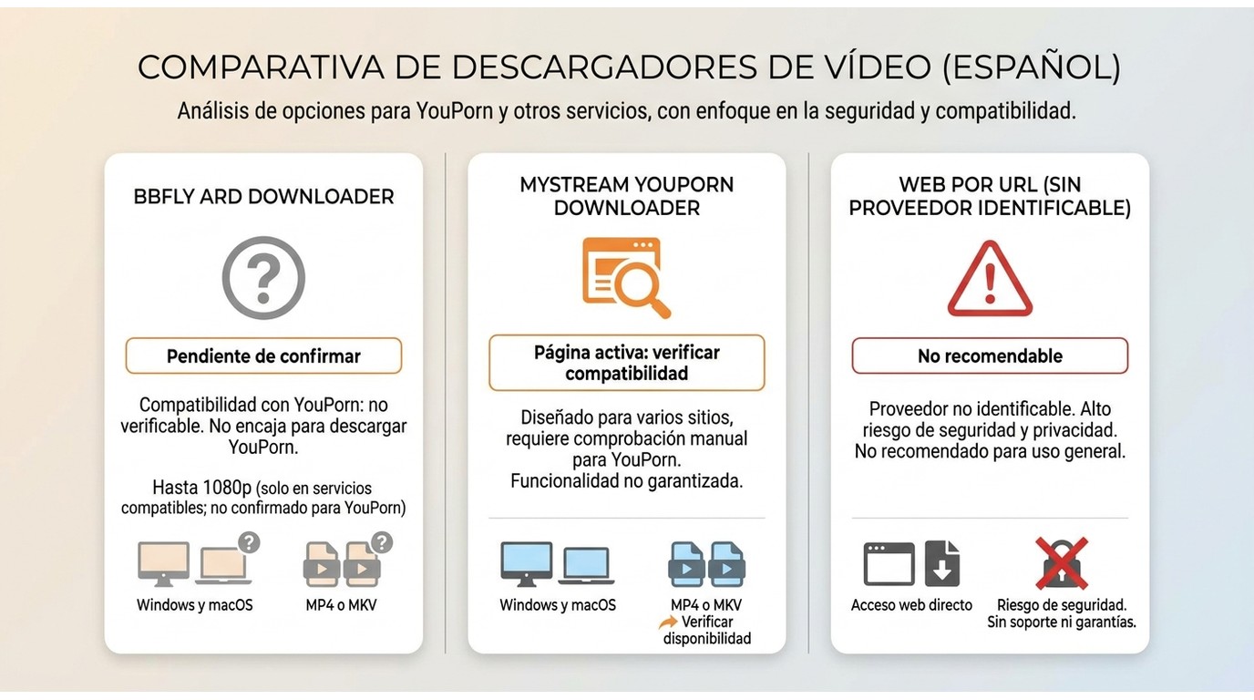 Comparación de BBFly ARD Downloader, MyStream y webs anónimas para YouPorn.