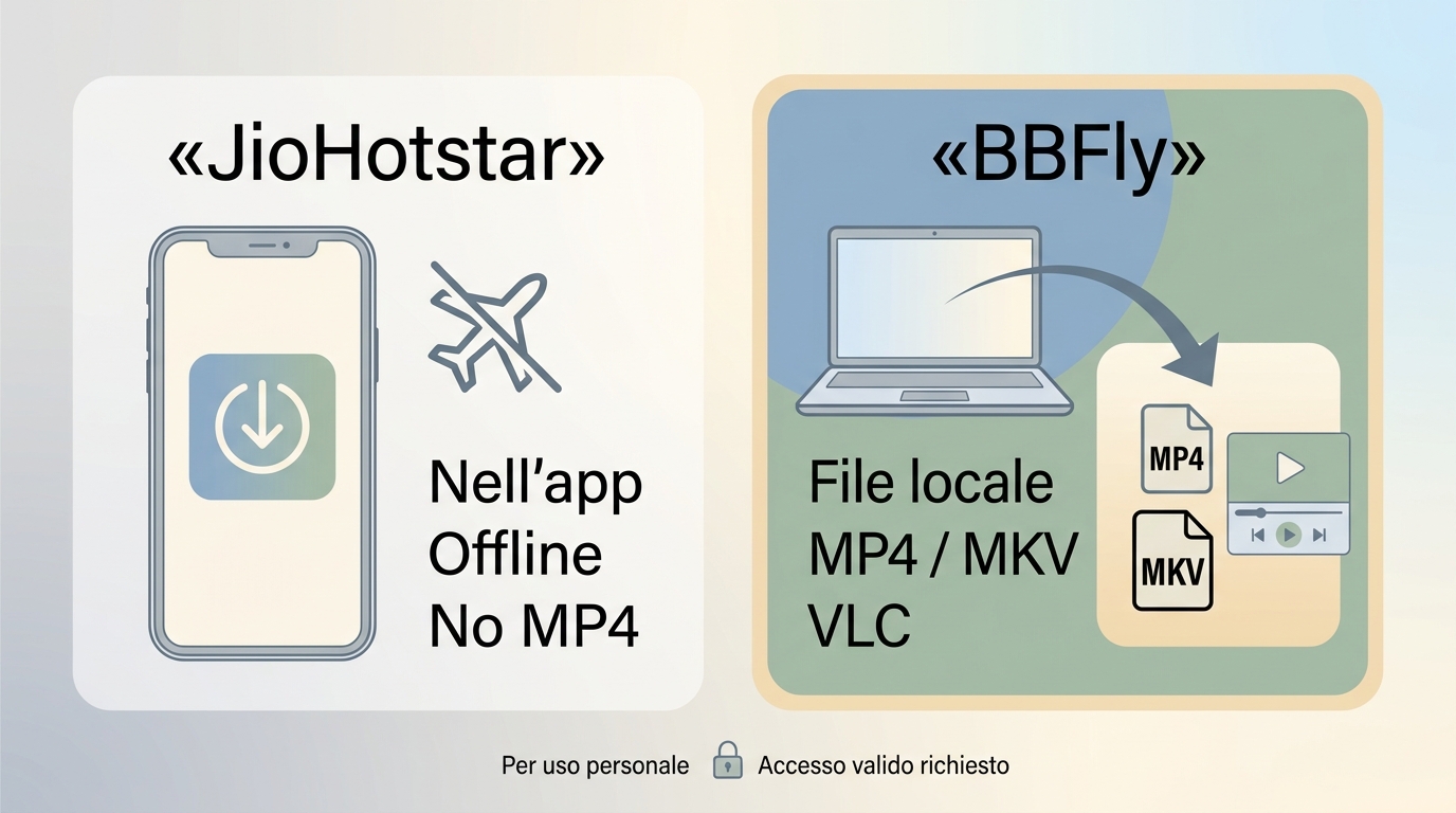 Confronto tra download offline JioHotstar e file locali MP4 o MKV con BBFly Downloader.
