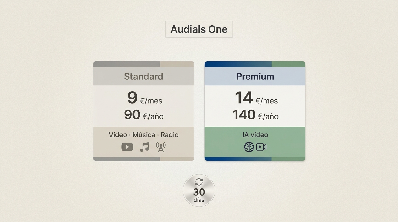 Precios de Audials One Standard y Premium con la mejora de vídeo con IA en Premium.