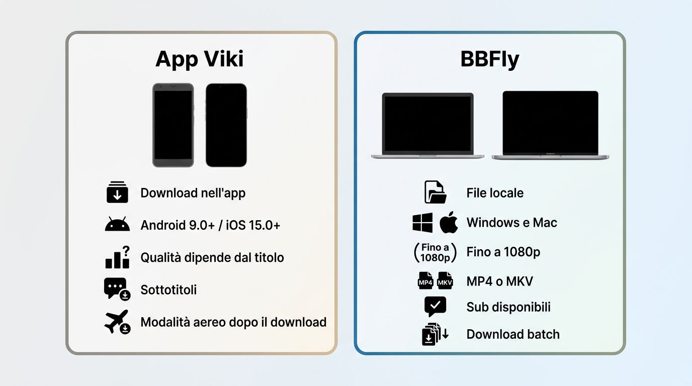Confronto tra app Viki e BBFly per dispositivi, file locali, qualità e sottotitoli.