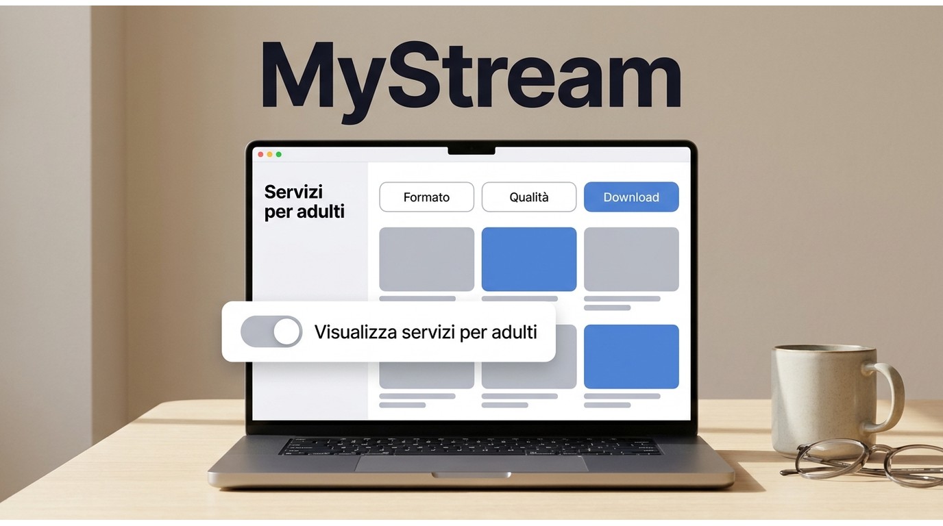 Interfaccia MyStream con impostazioni, servizio per adulti e opzioni di download.