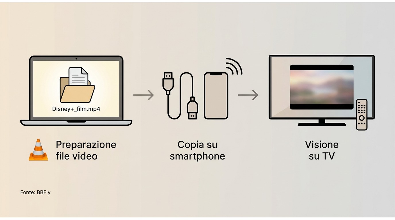 Flusso di trasferimento file BBFly: apertura MP4 con VLC su PC, copia su smartphone, riproduzione su