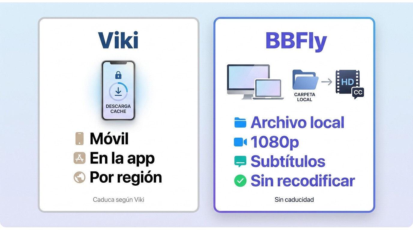 Comparación entre descargas oficiales de Viki y BBFly en dispositivos, archivo local, 1080p y subtít