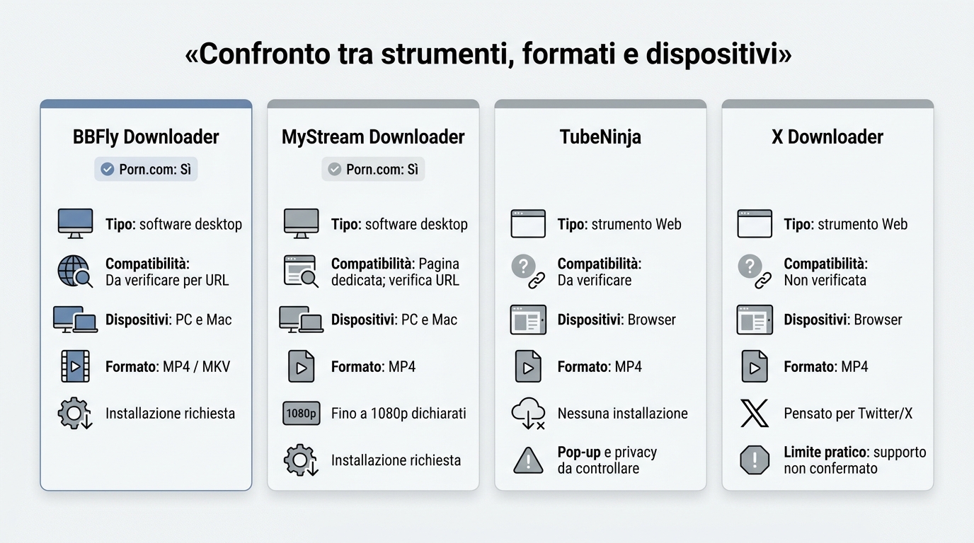 Confronto tra BBFly, MyStream, TubeNinja e X Downloader per Porn.com, formati e dispositivi.