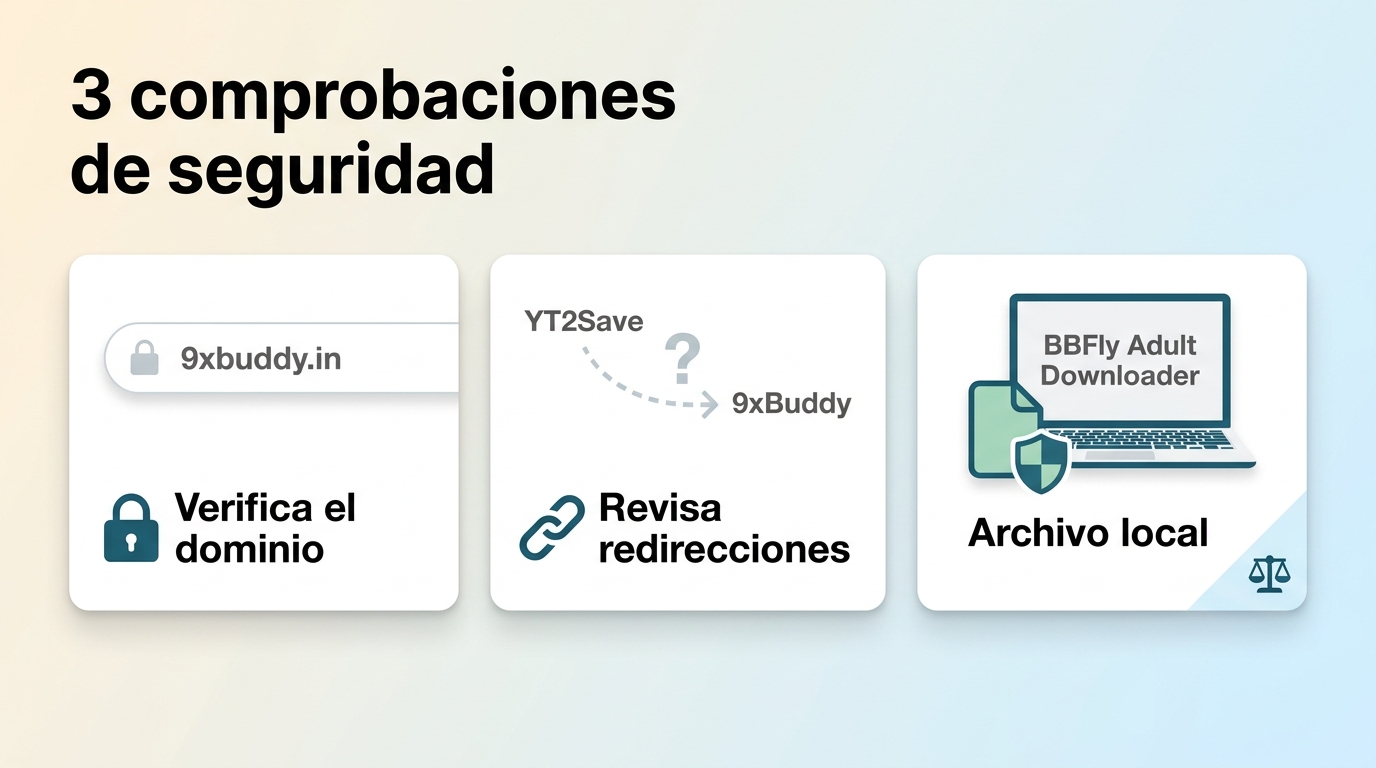 Comprobaciones de dominio, redirecciones, credenciales y archivos al usar BBFly, YT2Save y 9xBuddy.