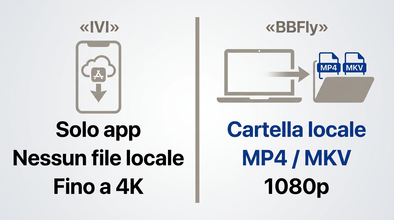 Confronto tra download IVI nell’app e file MP4 o MKV locale con BBFly fino a 1080p.