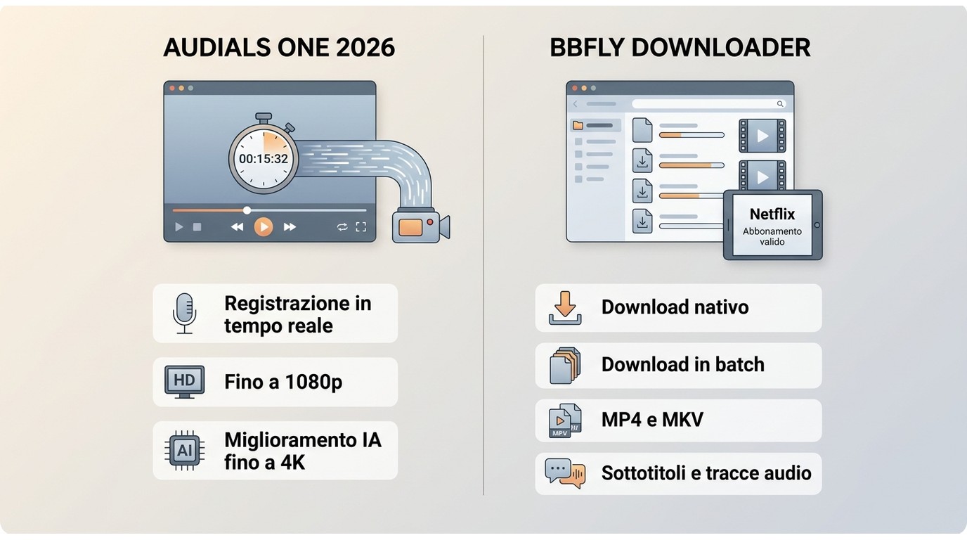 Confronto tra Audials One e BBFly Downloader per metodo, qualità, formati e download in batch.