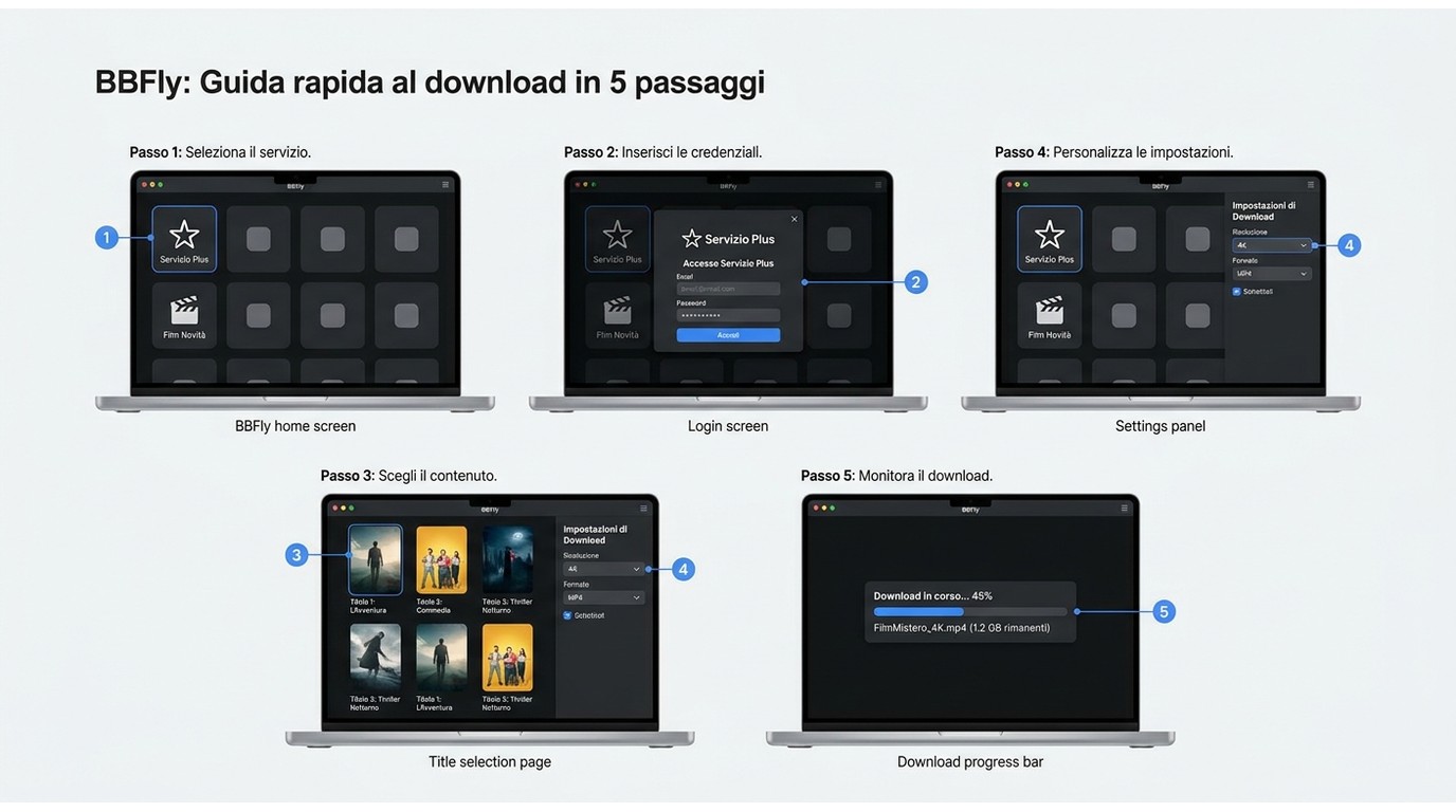 Cinque passaggi per scaricare Disney+ con BBFly: selezione titolo, accesso, scelta risoluzione 4K e 