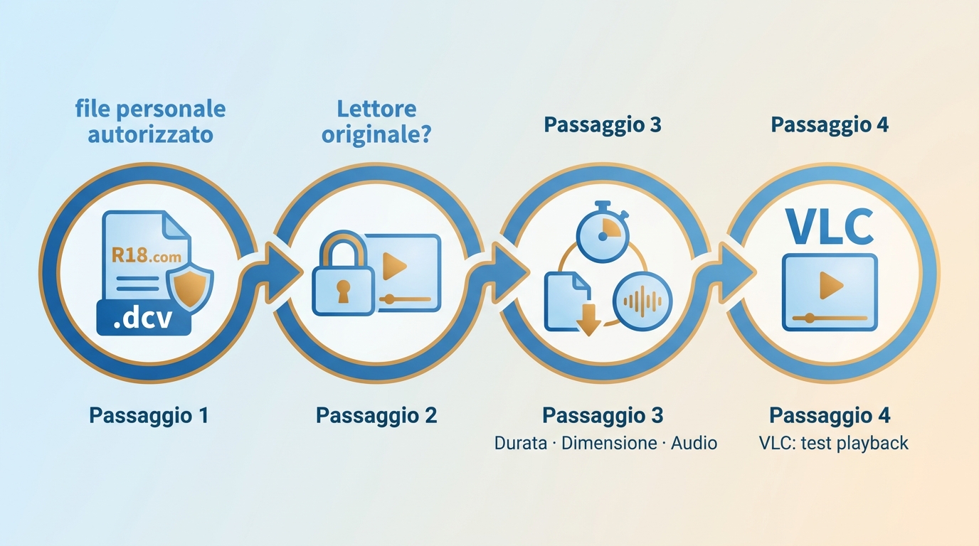 Controlli per verificare un file R18.com .dcv e i limiti di riproduzione in VLC.