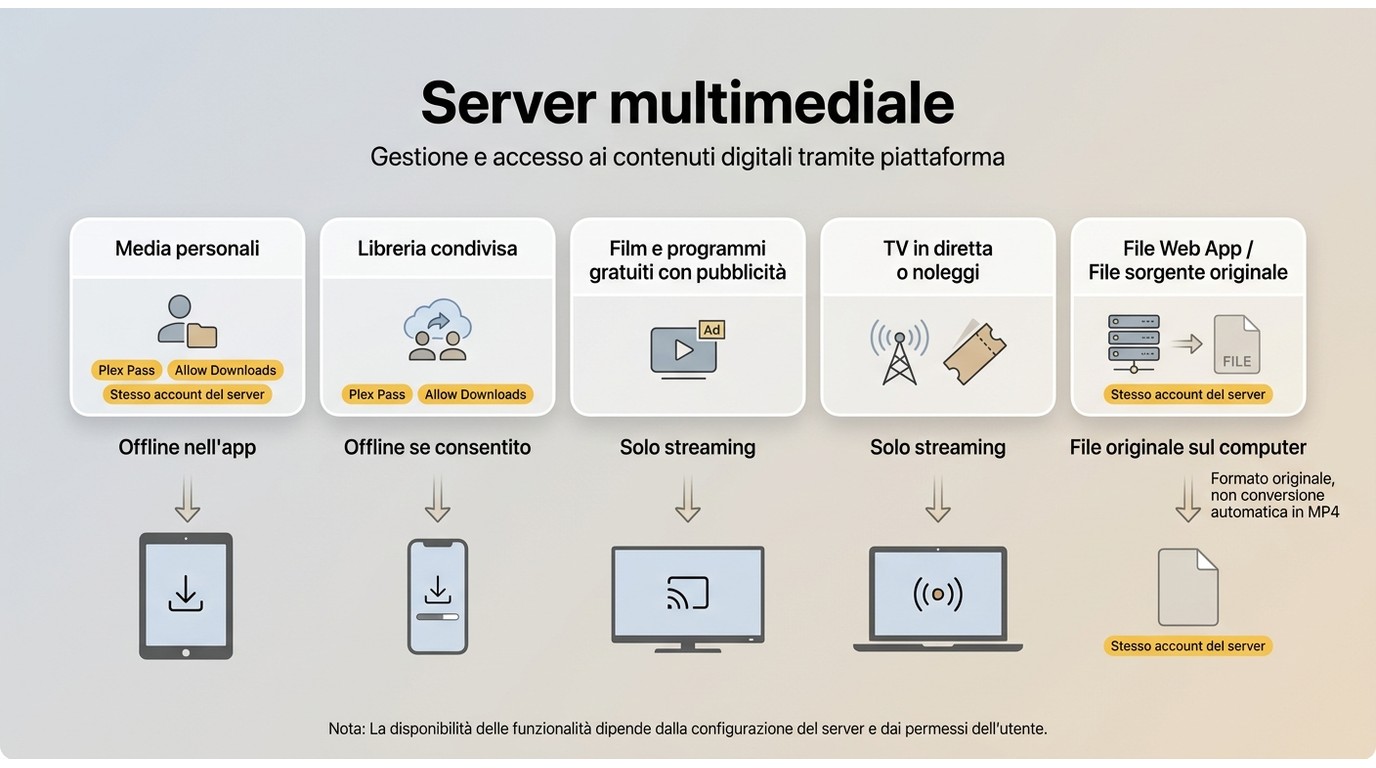 Confronto tra contenuti Plex scaricabili, solo streaming e file sorgente dal server.