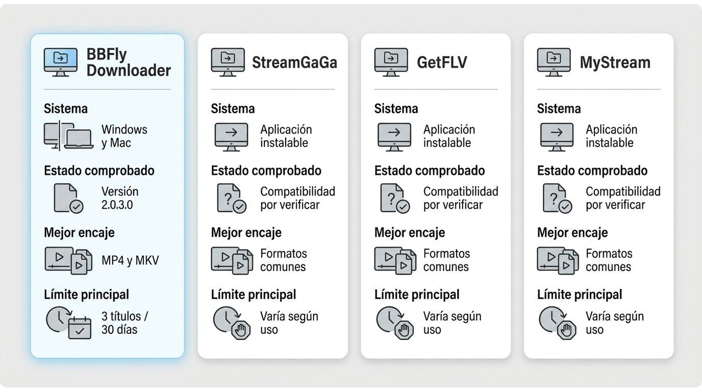 Comparación de BBFly Downloader, StreamGaGa, GetFLV y MyStream por sistema, formatos y límites.