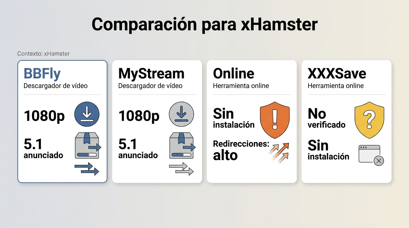 Comparación entre BBFly, MyStream, descargadores online y XXXSave para xHamster.