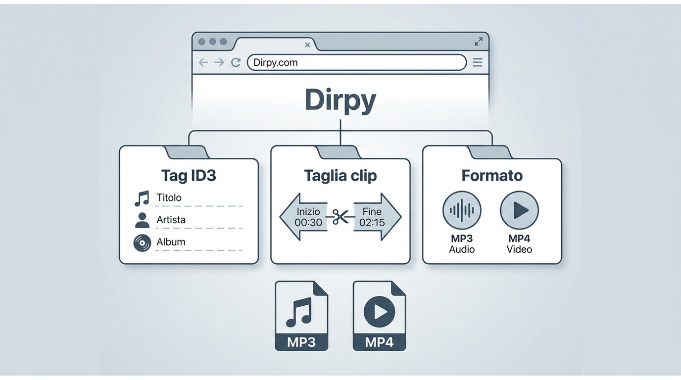 Impostazioni Dirpy per tag ID3, taglio della clip e scelta tra MP3 e MP4.