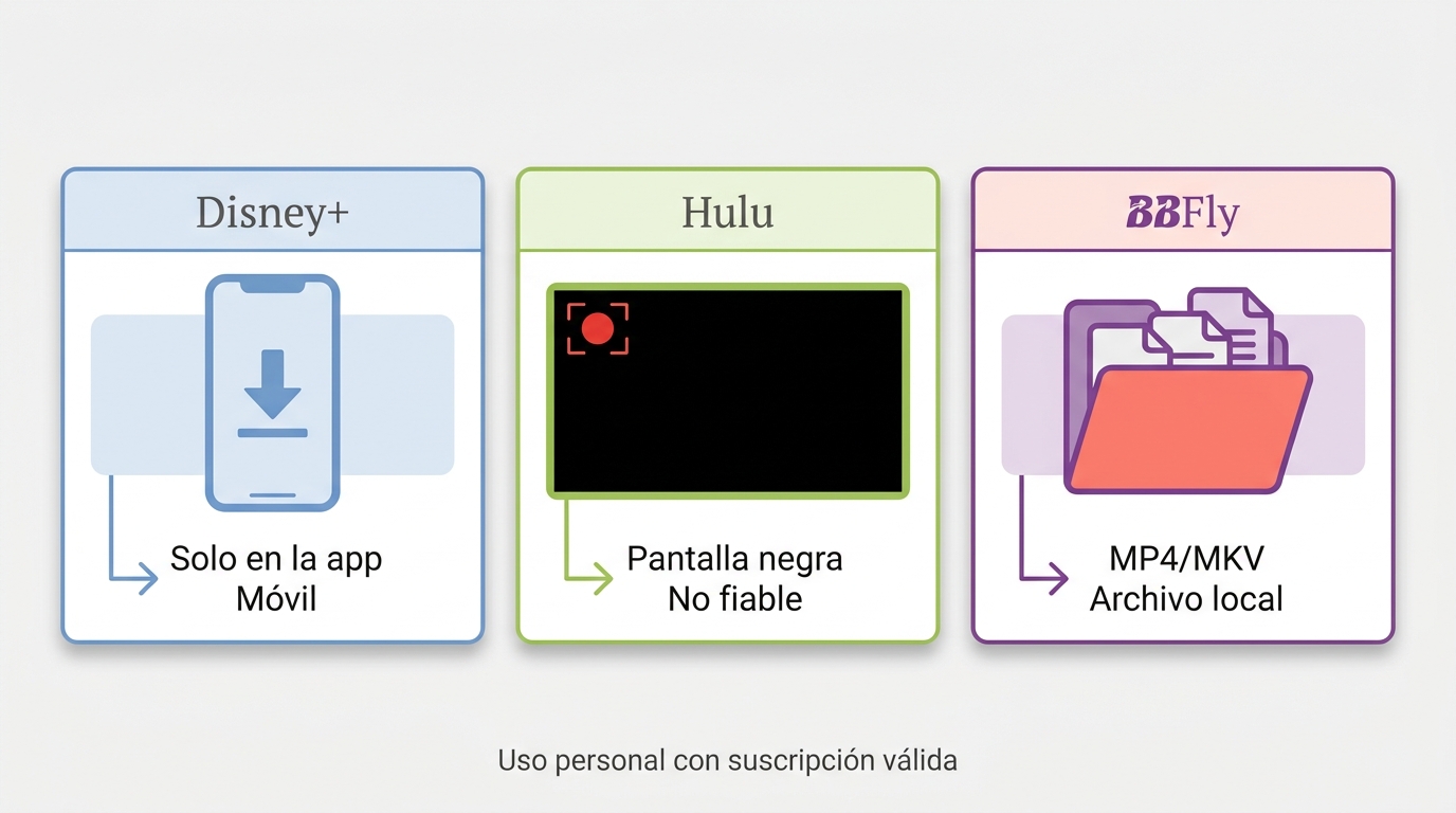 Comparación entre descarga oficial de Disney+, grabación de Hulu y BBFly para archivos MP4 o MKV.