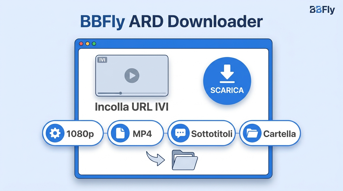BBFly ARD Downloader configura video IVI, MP4, 1080p, sottotitoli e cartella di salvataggio.