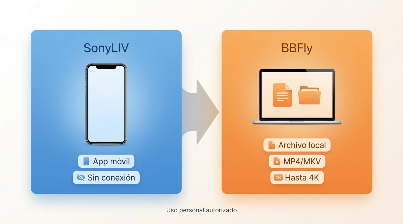 Comparación entre descarga móvil de SonyLIV y archivo local con BBFly en PC o Mac
