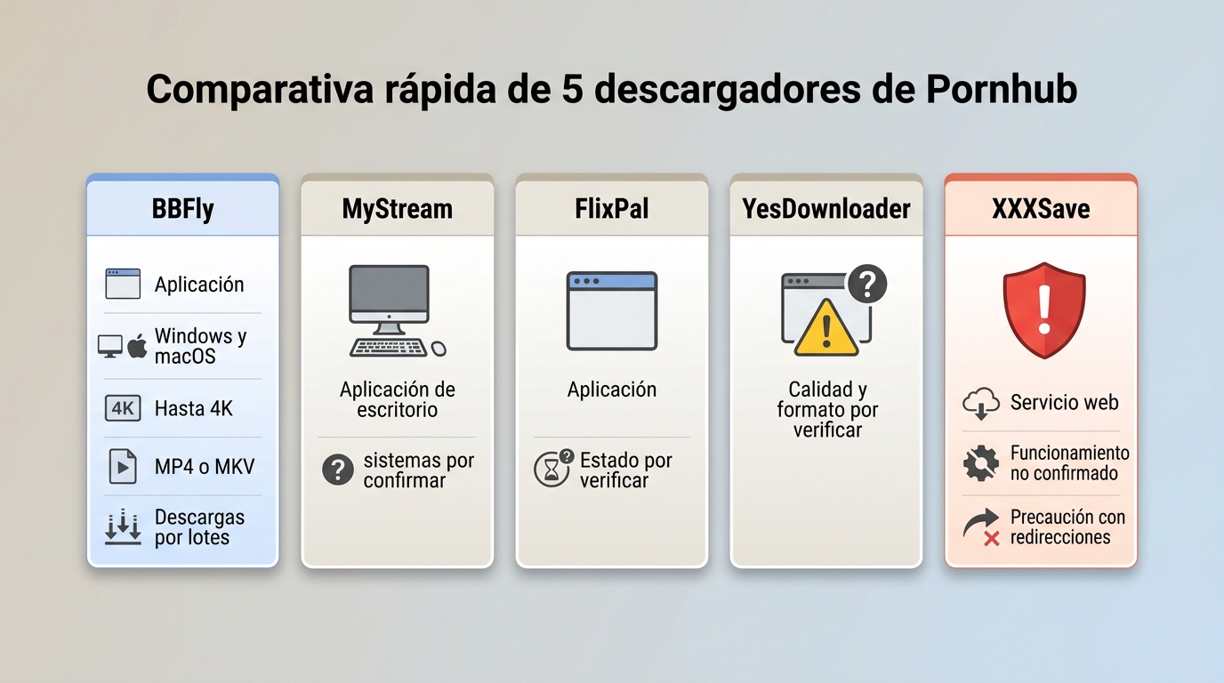 Comparación de BBFly, MyStream, FlixPal, YesDownloader y XXXSave por formato, estado y riesgo.
