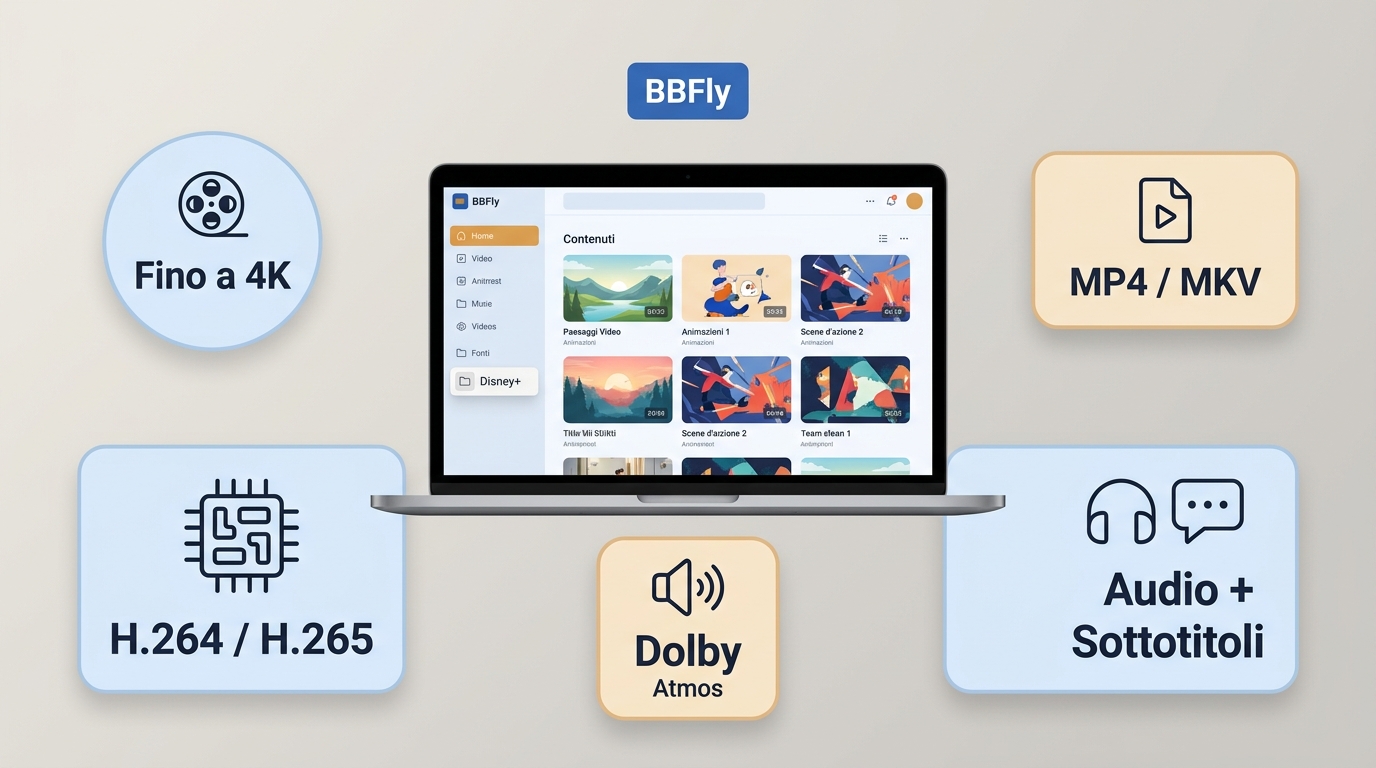 Funzioni BBFly per Disney+: 4K, MP4 o MKV, audio e sottotitoli su desktop.