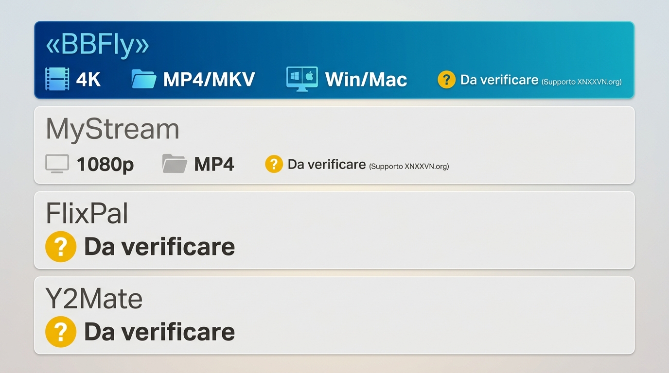 Confronto tra BBFly, MyStream, FlixPal e Y2Mate con compatibilità XNXXVN.org da verificare.