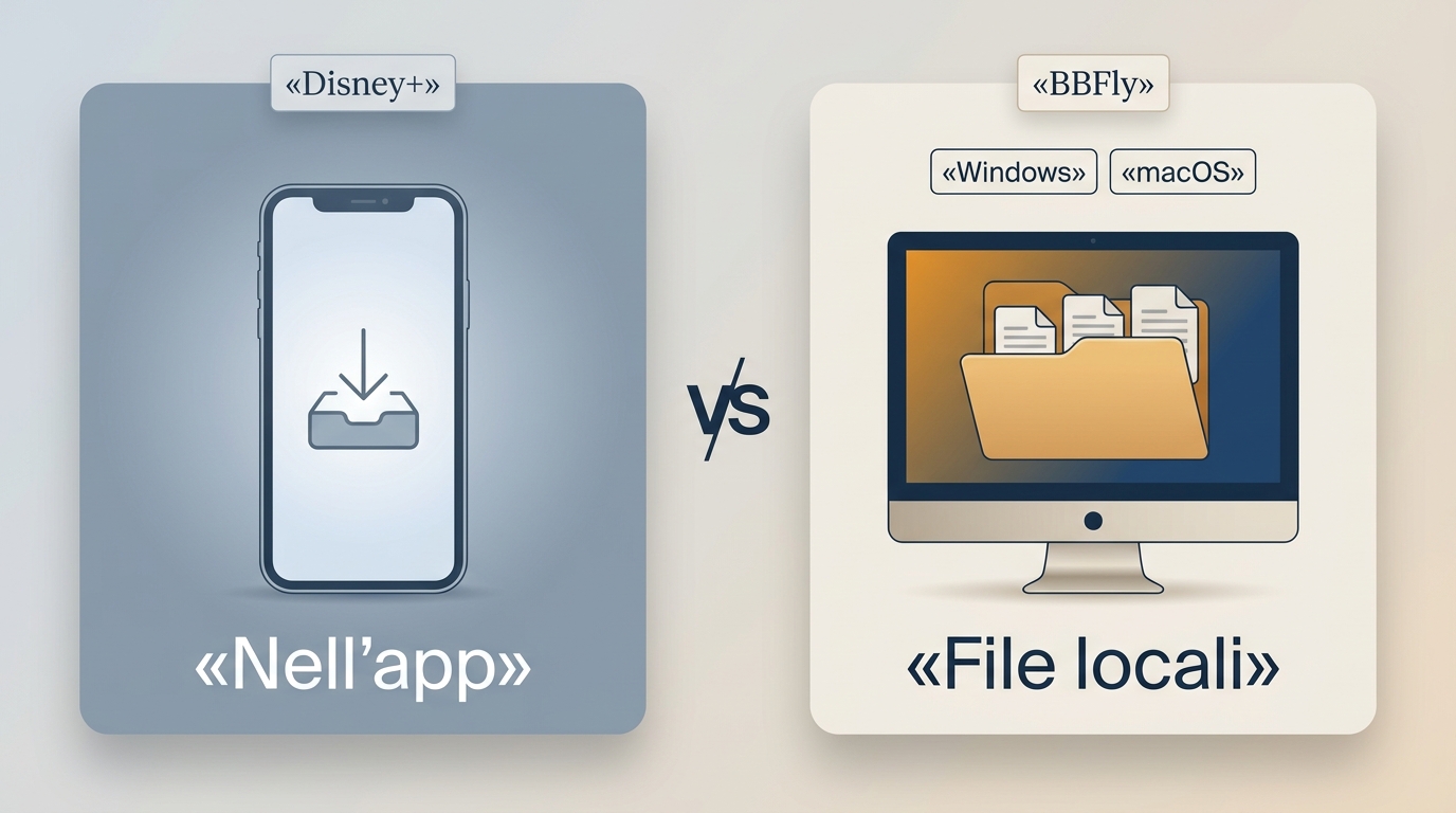 Confronto tra download Disney+ nell'app e file locali BBFly su Windows e Mac.
